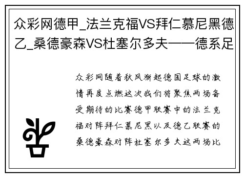 众彩网德甲_法兰克福VS拜仁慕尼黑德乙_桑德豪森VS杜塞尔多夫——德系足球盛宴 - 副本