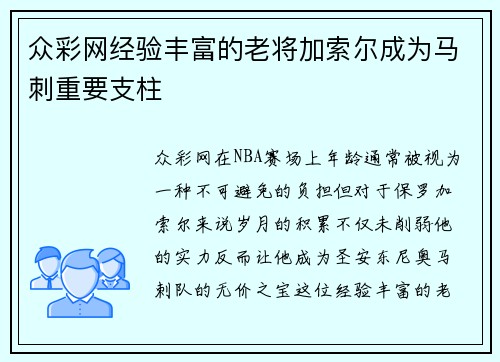 众彩网经验丰富的老将加索尔成为马刺重要支柱
