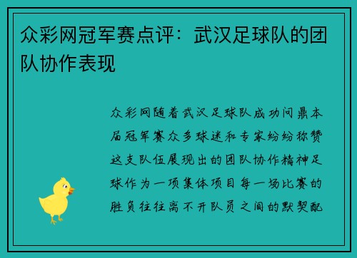 众彩网冠军赛点评：武汉足球队的团队协作表现