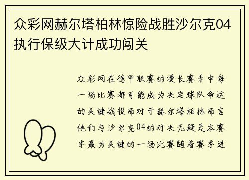 众彩网赫尔塔柏林惊险战胜沙尔克04执行保级大计成功闯关