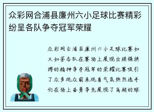众彩网合浦县廉州六小足球比赛精彩纷呈各队争夺冠军荣耀